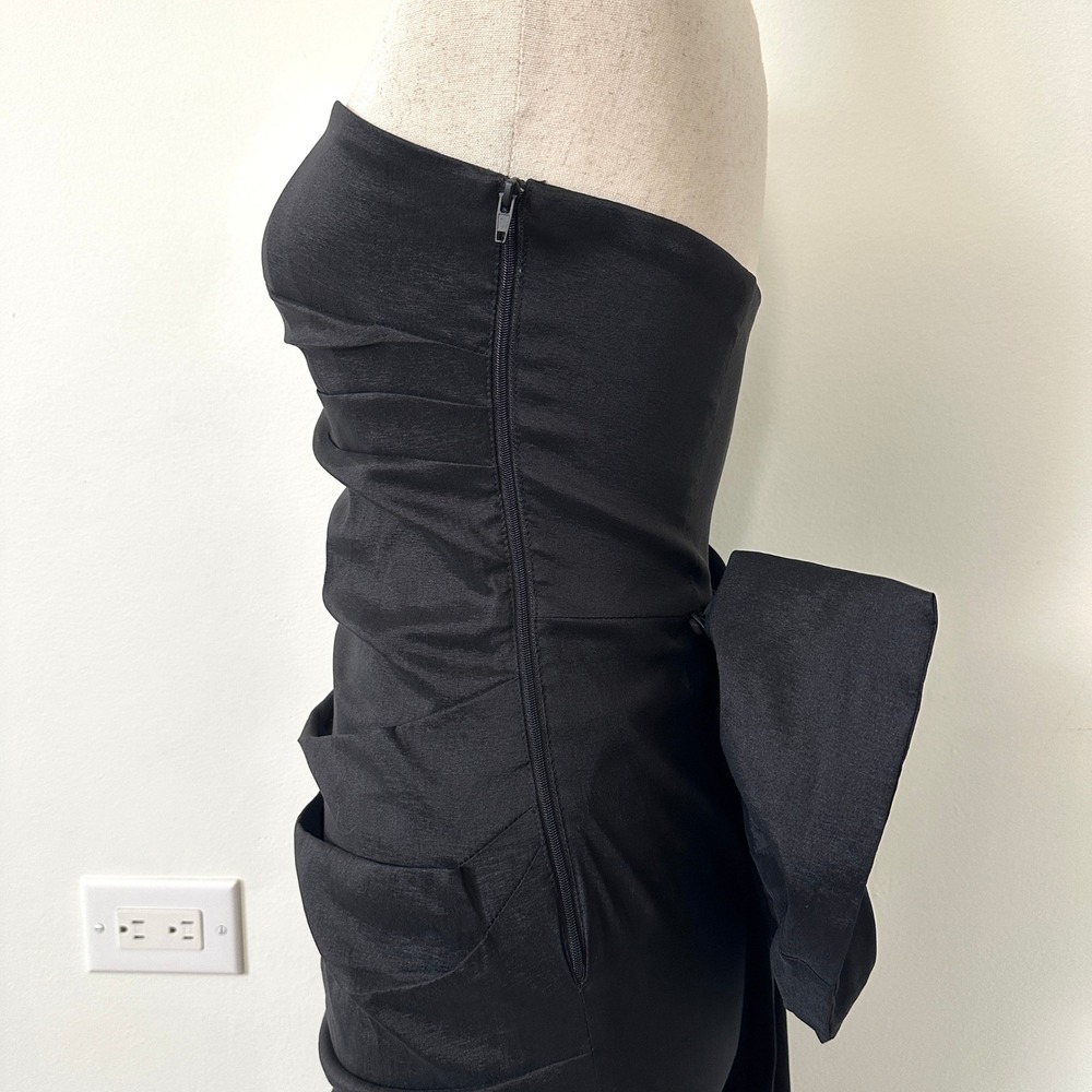 Black Strapless Cocktail Mini Dress M Bodycon Detachable Bow Train Coquette Prom - Picture 5 of 10